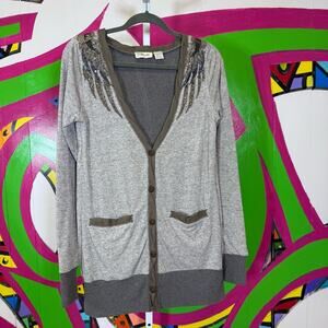 Miss Me, Gray Knit lined Cardigan with beaded wings details. Size Large.